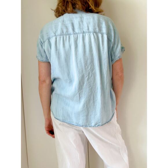 Grayson Denim Chambray Cropped Blouse Size 02 Classic Minimalist Closet Staple - Picture 7 of 8